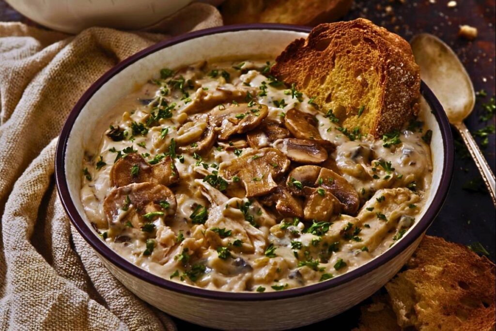 Deliciosa sopa cremosa de cogumelos com frango, simplesmente divina!